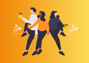 Animated people with Medilink Midlands branded coffee cups